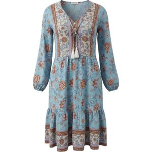 Anna-Kaci Floral Boho Mini Dress Womens Medium Blue Long Sleeve Tassel V-Neck